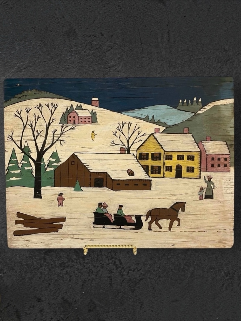 Vintage Folk Art Sleigh Ride Painting on Board 16 x 12 American Snow Horse Farm